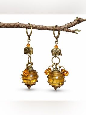 Vintage Bead Elephant Earrings • Amber Boho Dangle • One of a Kind
